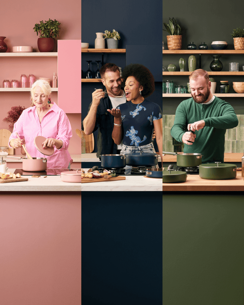 Collection « La Merveilleuse » – Cookut, featuring diverse people cooking with stylish cookware in a kitchen setting.