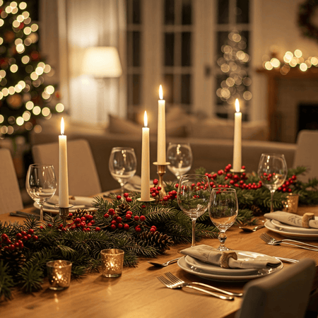 Cadeaux art de recevoir et table de fête, table élégante dressée pour un repas de fête avec bougies et décorations.