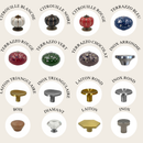 Different styles and colors of cabinet knobs including cookut designs.