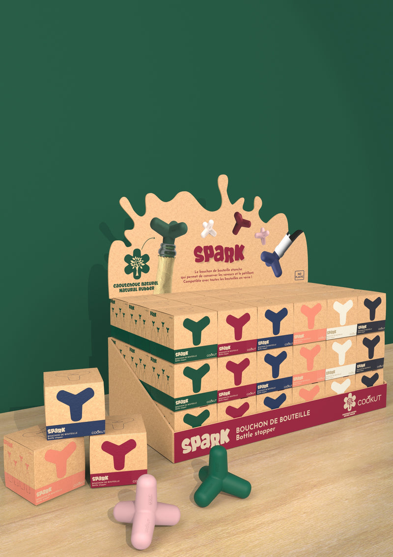 Présentoir des bouchons silicone SPARK Cookut, le bouchon recyclé universel