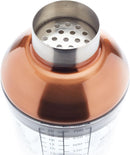 Shaker à cocktails Kitchen Craft avec passoire intégrée et 6 recettes gravées sur le verre.