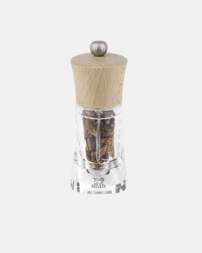 Moulin à piment Peugeot Oléron 14 cm en bois de hêtre naturel et acrylique transparent, design élégant et moderne.
