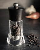 Moulin à poivre Peugeot Oléron 14 cm en bois de hêtre chocolat et acrylique transparent, design élégant et moderne.