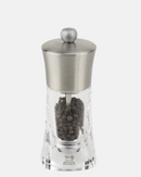 Moulin à poivre Peugeot Ouessant 14 cm en acrylique transparent et acier inoxydable, design élégant et moderne.