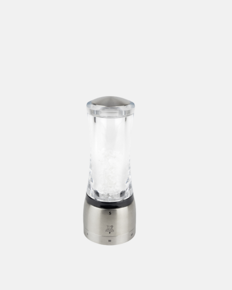 Moulin à sel Peugeot Daman U’Select en acrylique et inox, mécanisme en acier inoxydable, mouture réglable, idéal pour sel sec, disponible en plusieurs tailles, fabrication française.