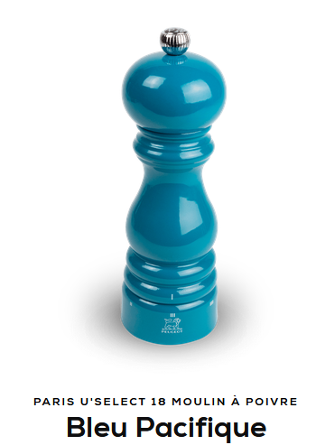 Moulin à poivre Peugeot Paris-rama 18 cm Bleu Pacifique, mécanisme en acier haute résistance, mouture réglable, idéal pour poivre noir, blanc, vert ou rouge, fabrication française.