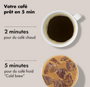 Cafetière nomade OXO montrant café chaud en 2 minutes et café froid "Cold brew" en 5 minutes.