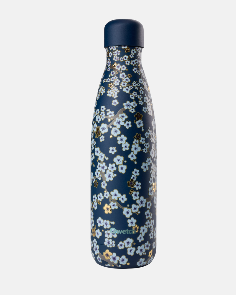 Bouteille Qwetch isotherme 500 ml – Collection Flowers Bleu – design floral élégant
