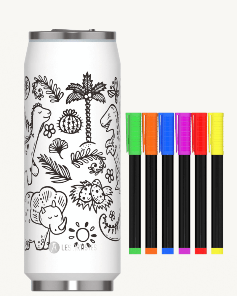 Canette isotherme Dino 500 ml avec feutres pour personnaliser le design et garder vos boissons à la température idéale.
