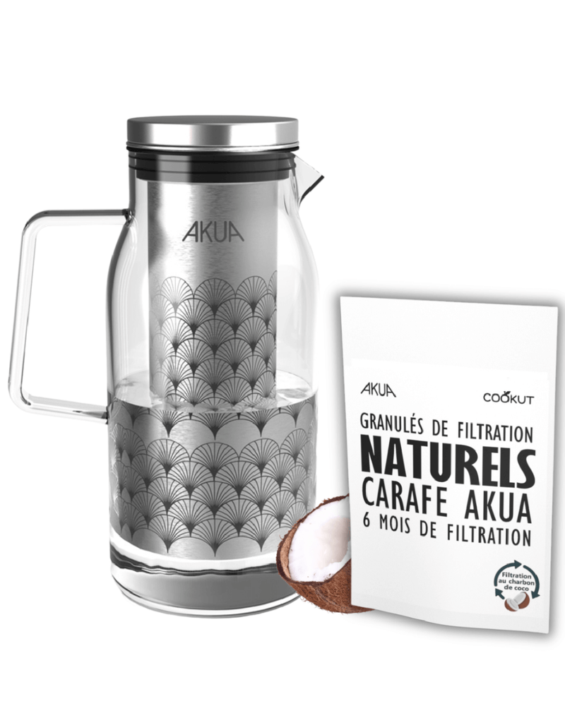 Carafe filtrante AKUA Cookut en verre avec filtration au charbon de coco pour eau pure et sans plastique.
