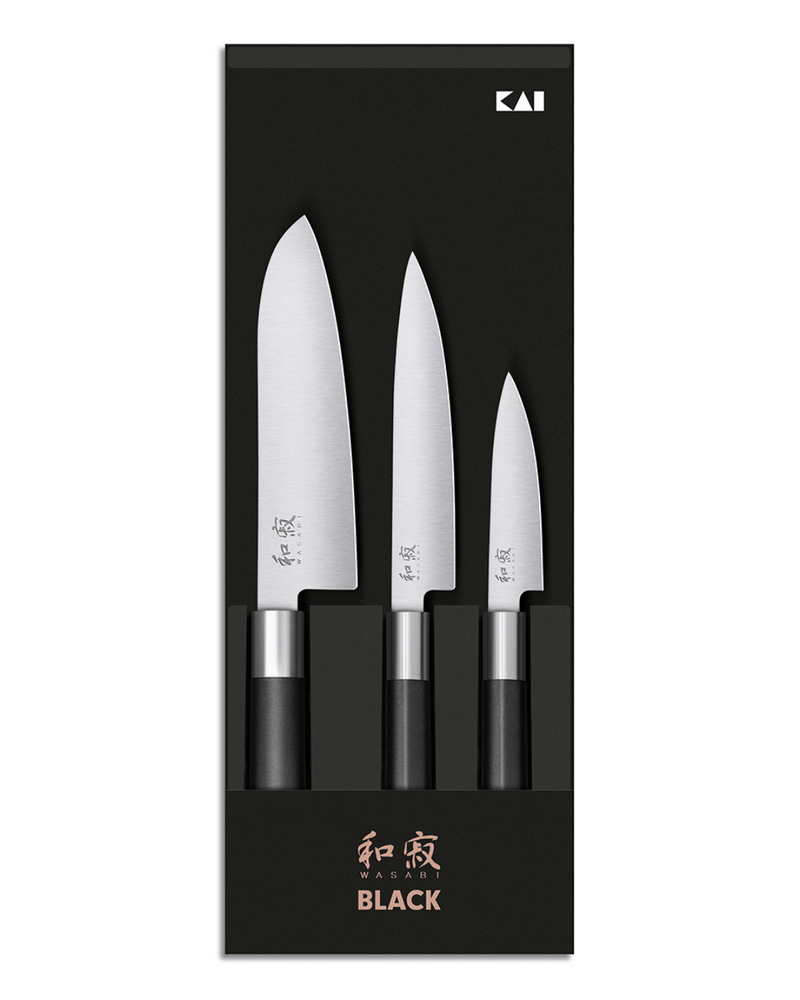 Coffret 3 couteaux Kai Wasabi Black – office 10, utilitaire 15, santoku 16,5