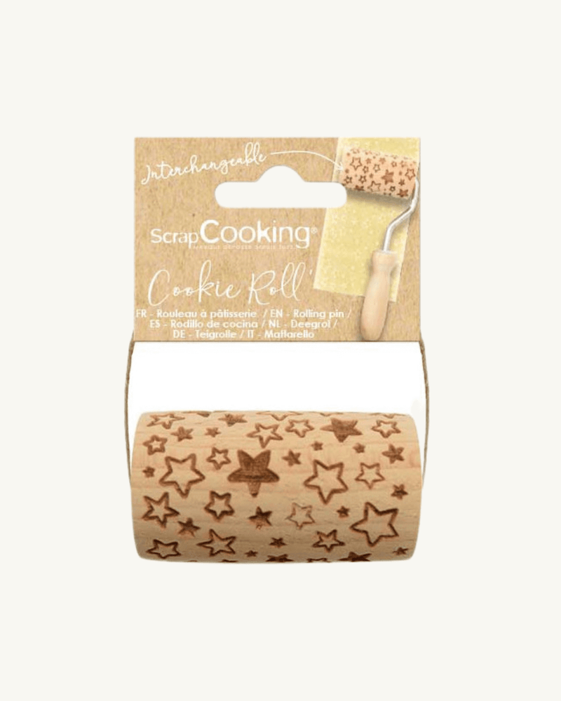 Rouleau à motif étoilé pour biscuits personnalisés, en bois naturel.