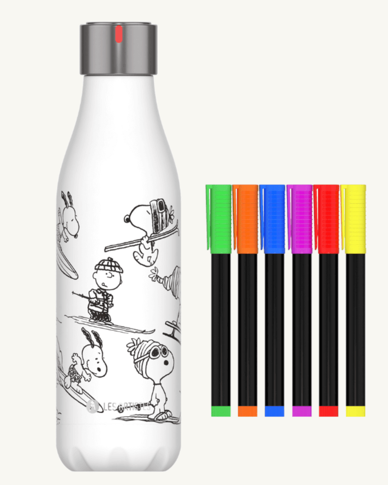 Bouteille isotherme Snoopy 500 ml avec feutres lavables, idéale pour personnaliser et conserver vos boissons à la température parfaite.