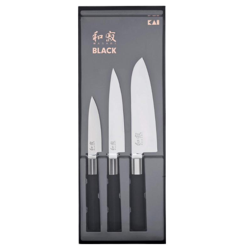 Set 3 couteaux Wasabi Black : Universel 10cm et 15cm et Santoku 16,5cm Kai - Maison Habiague