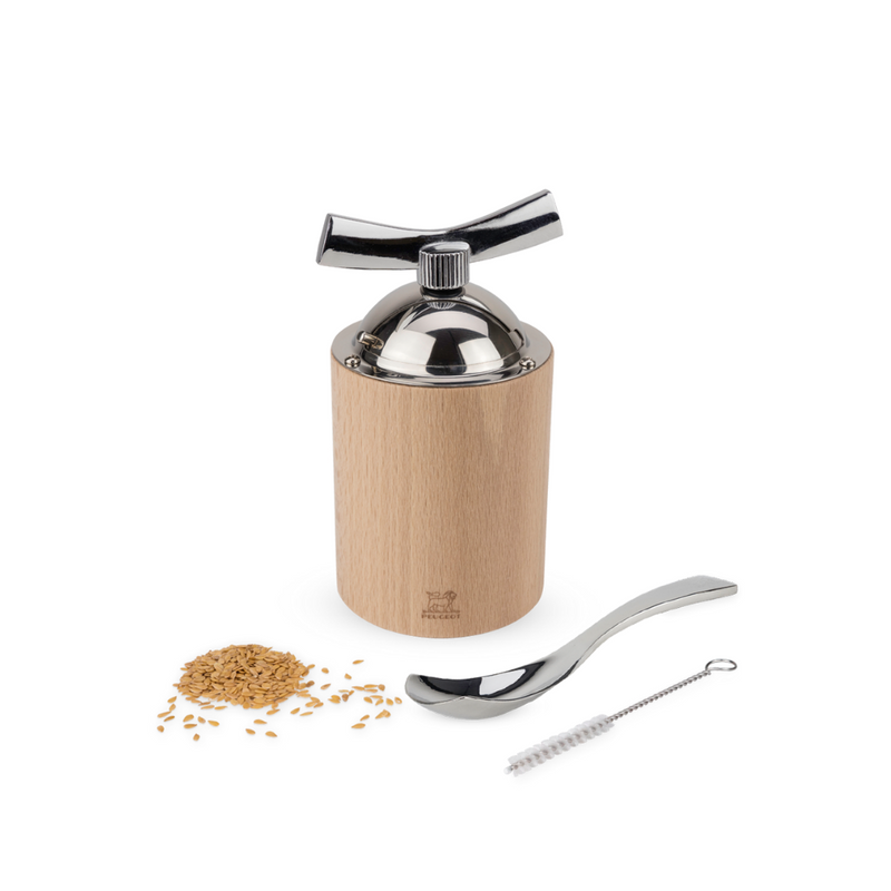 Moulin à graines de lin ISEN Peugeot fabriqué en France avec bois de hêtre local et métal, garantie 5 ans.