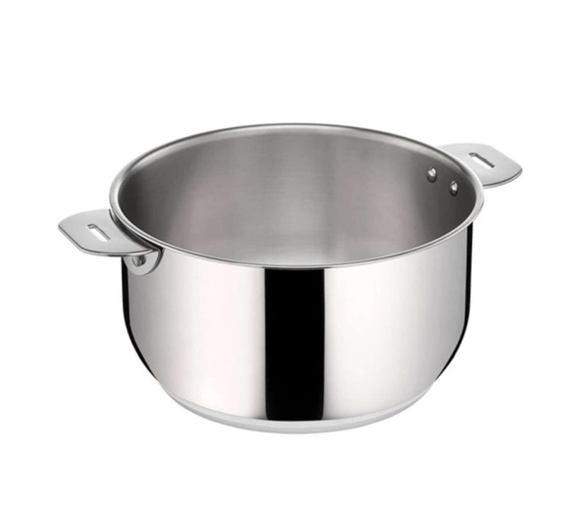 Série de 3 casseroles Salvaspazio avec poignée amovible et couvercles, empilables et compatibles induction.

